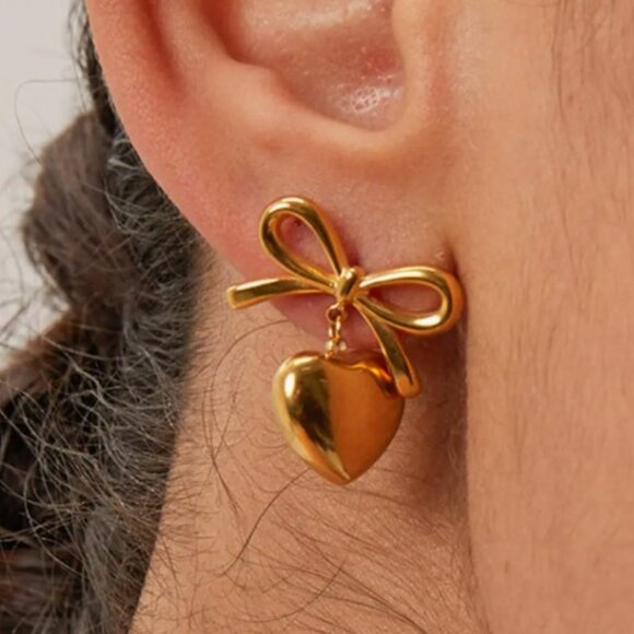 Gold Heart and Bow Studded Earrings - Picture 3 of 4